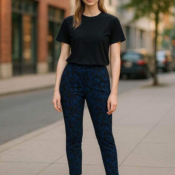 Soft Surroundings Black Floral Blue Ponte Pull On Illusion Pants - Picture 1 of 9